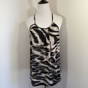 Carole Christian Cami Tank Top M Tie Back Ivory Cream Black Animal Print